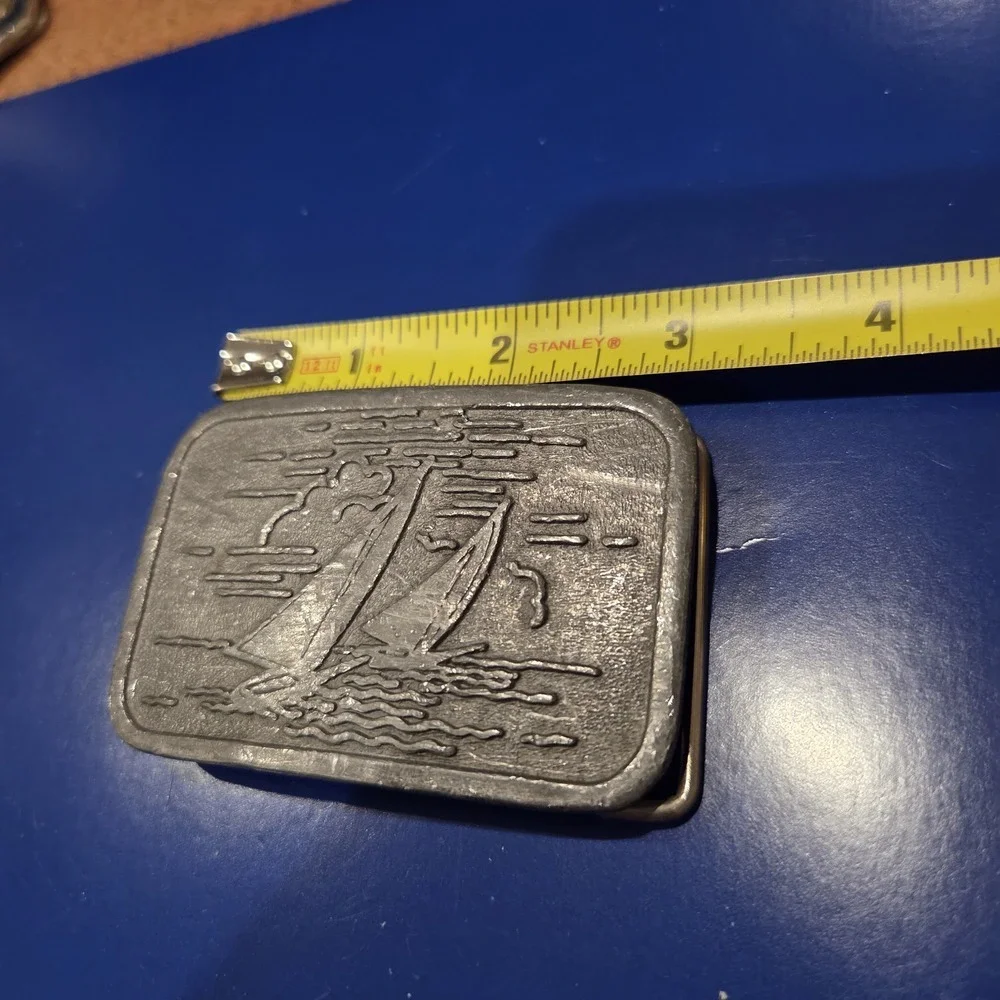 Pewter Sailboat Sailing Scene Belt Buckle Rectangular Nautical